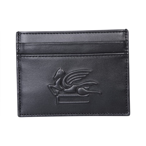 NWT $320 Etro Black Leather Card Holder Wallet Pegasus Logo Embroidered Italy - Picture 1 of 3
